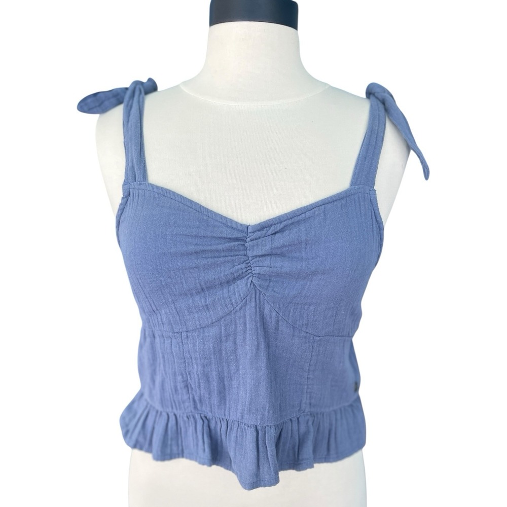 ROXY Peplum Cropped Smocked‎ Blue Tie Tank Top Med Coastal Cottagecore Boho